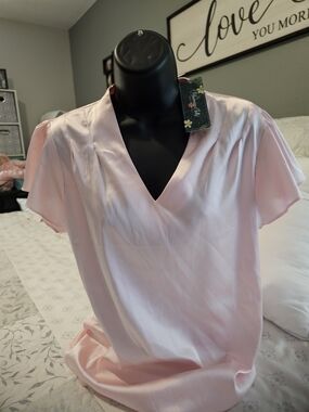 Light Pink V-Neck Satin Blouse